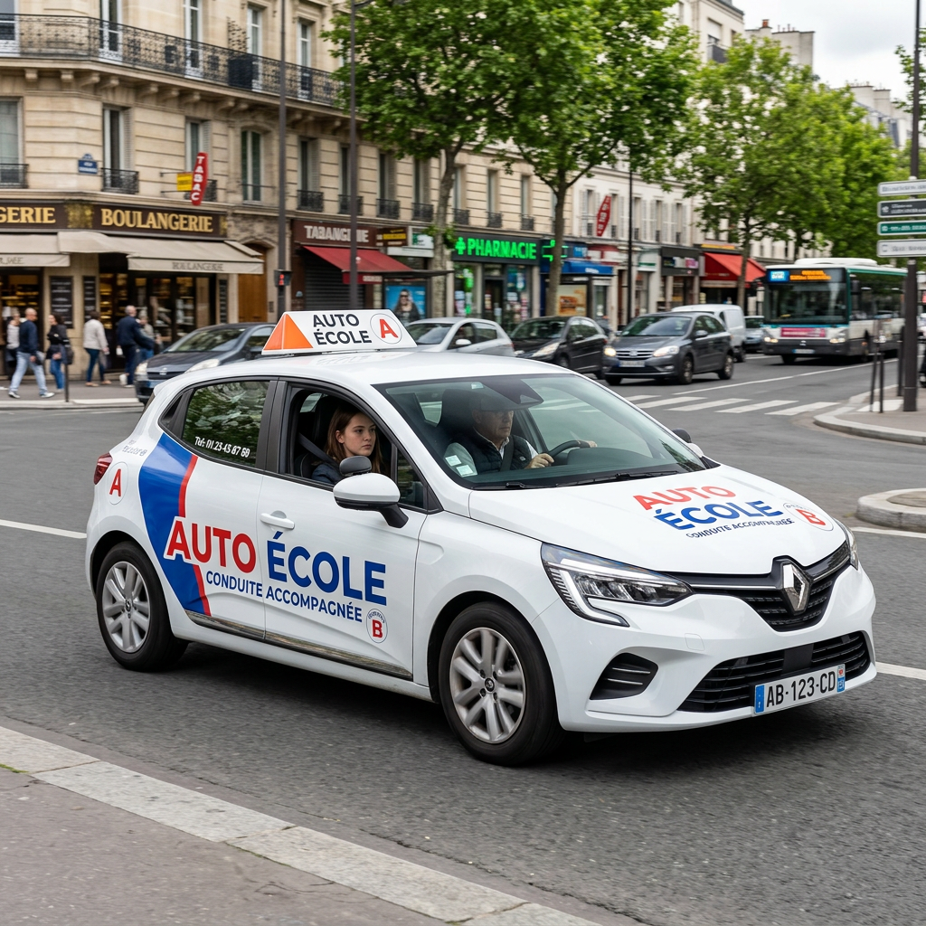 White Auto École driving school car traveling on a city street